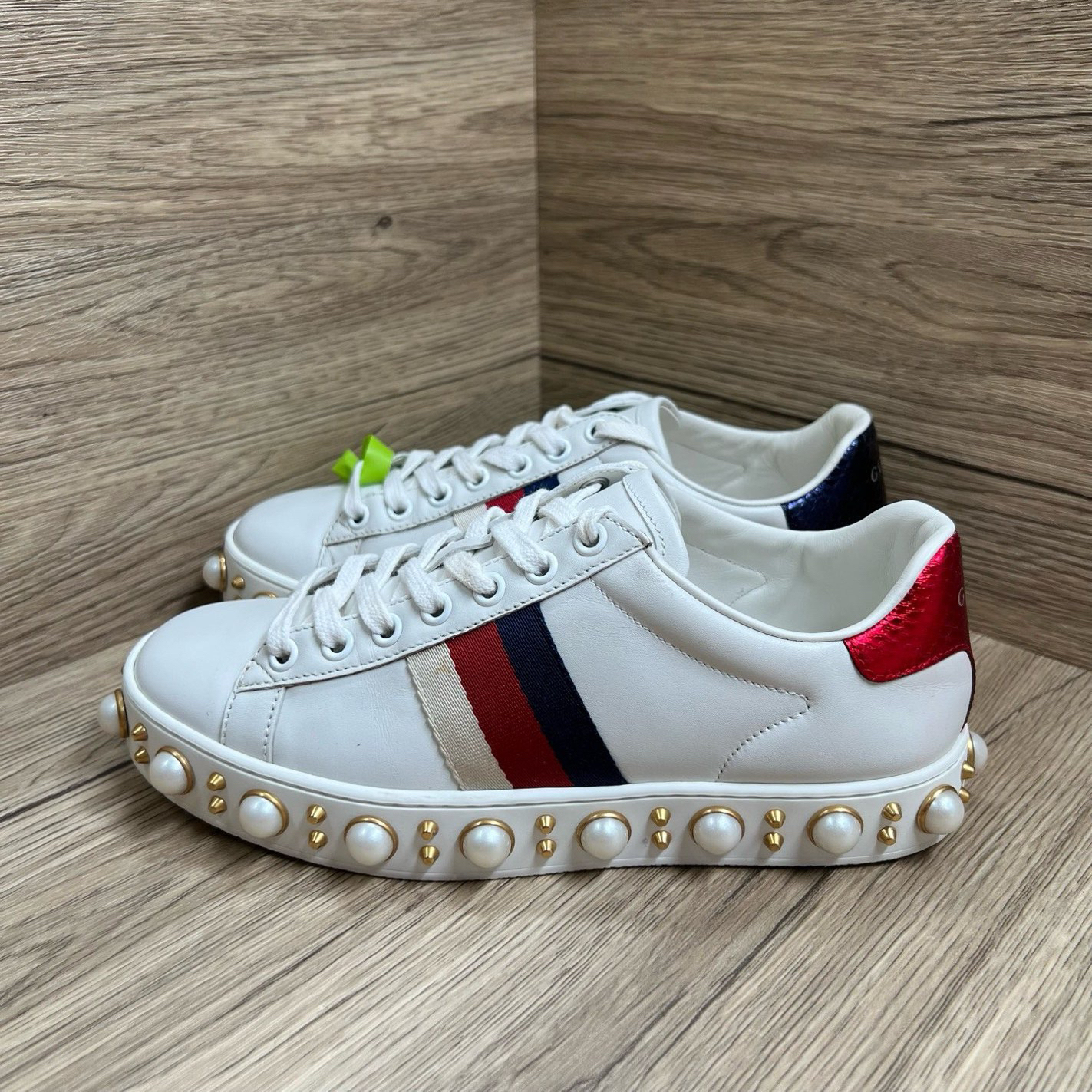 95新 GUCCI/古驰 Ace 珍珠铆钉小白鞋 34.5码/98新