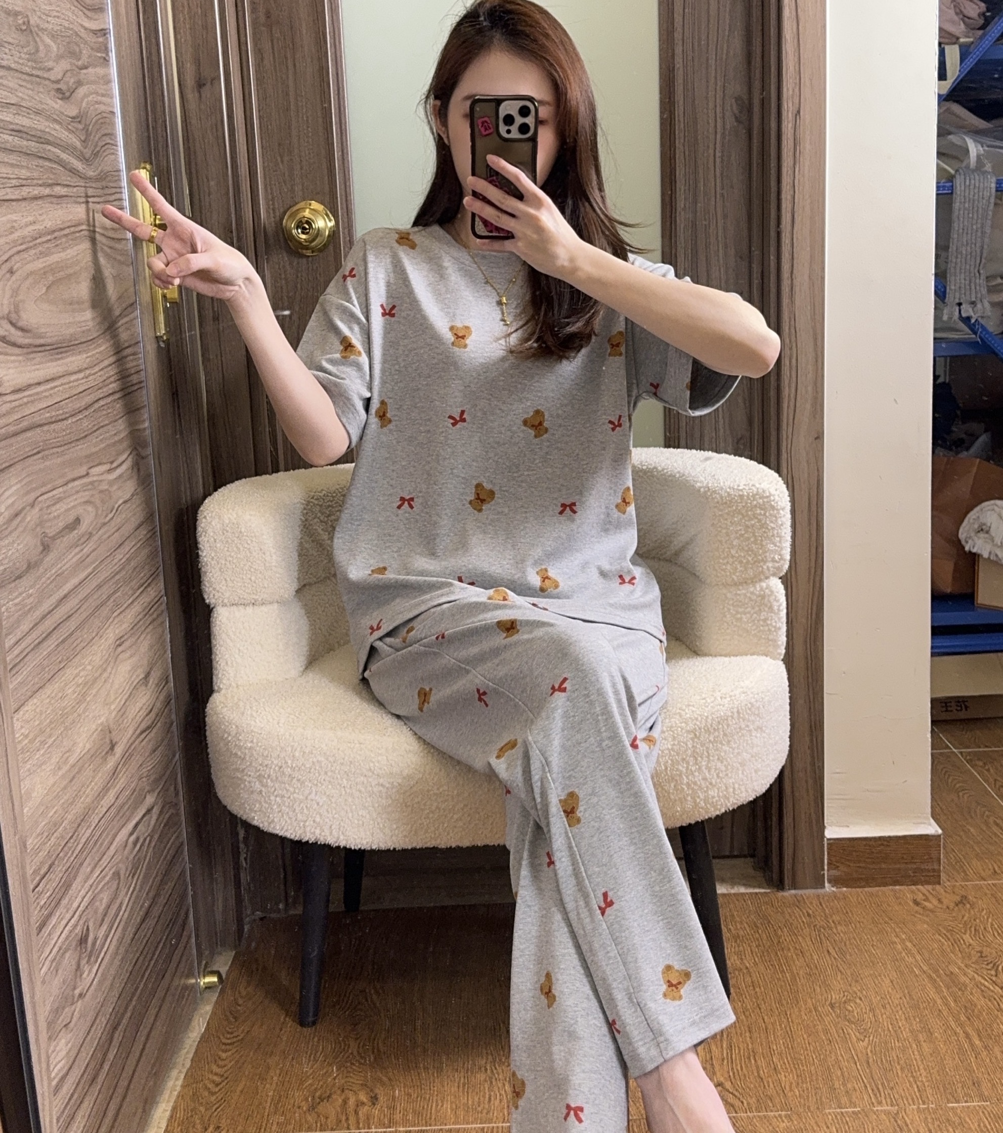 C{拍一发三}夏季女士纯棉睡衣薄款短袖长裤 花灰棉蝴蝶结小熊
