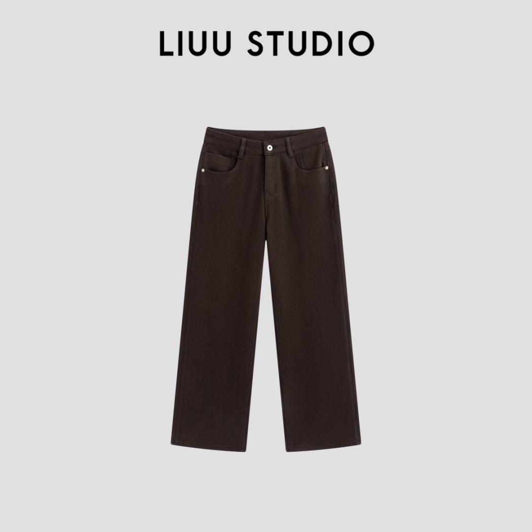 【LIUU】55001 深焦糖色加绒阔腿牛仔裤