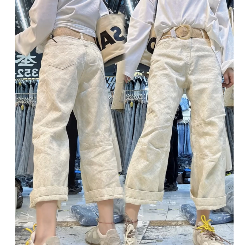 流行提花设计高腰显瘦阔腿牛仔裤镰刀八分裤春季百搭