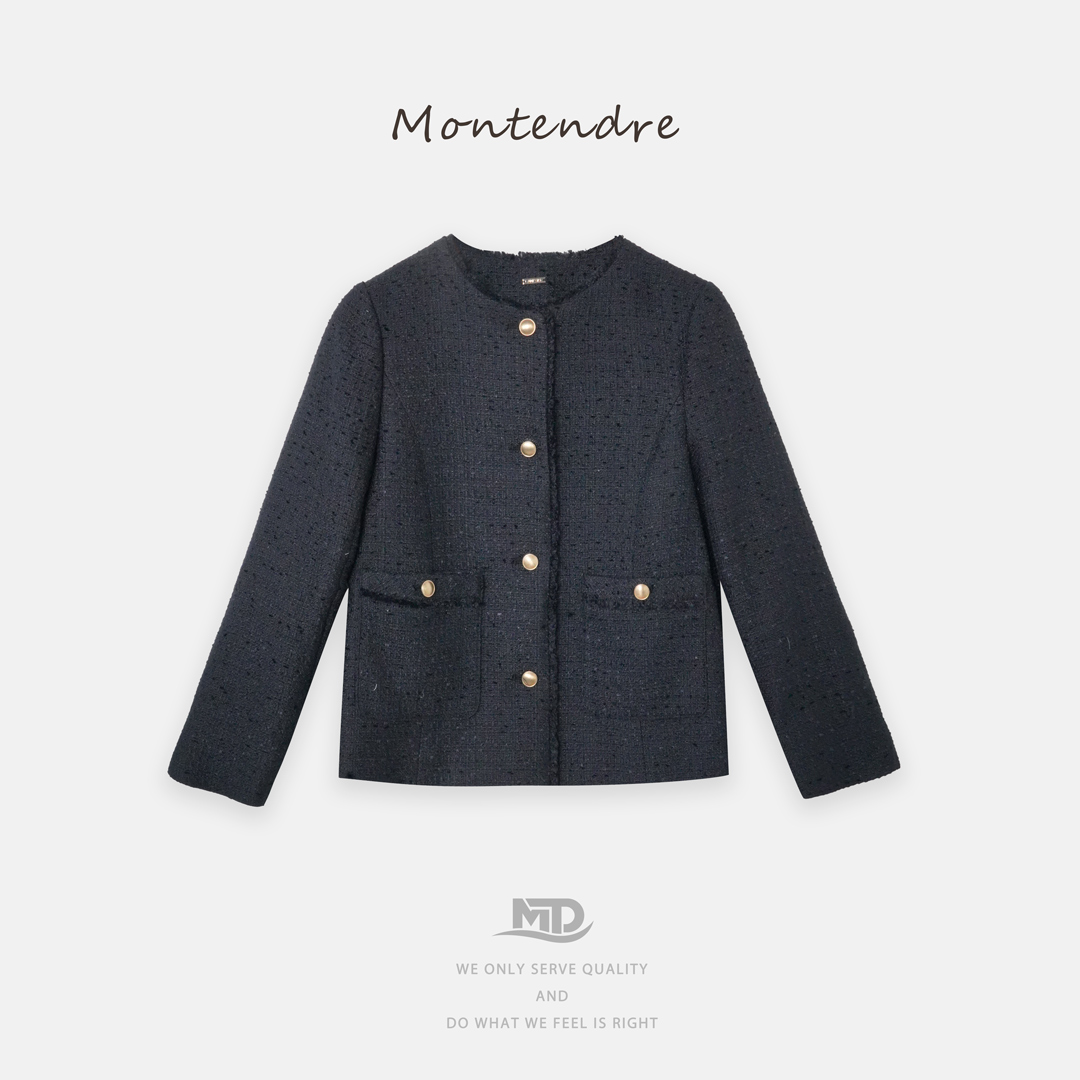 【Montendre】秋冬新款 A 时尚通勤精致圆领金扣粗花呢小香风外套