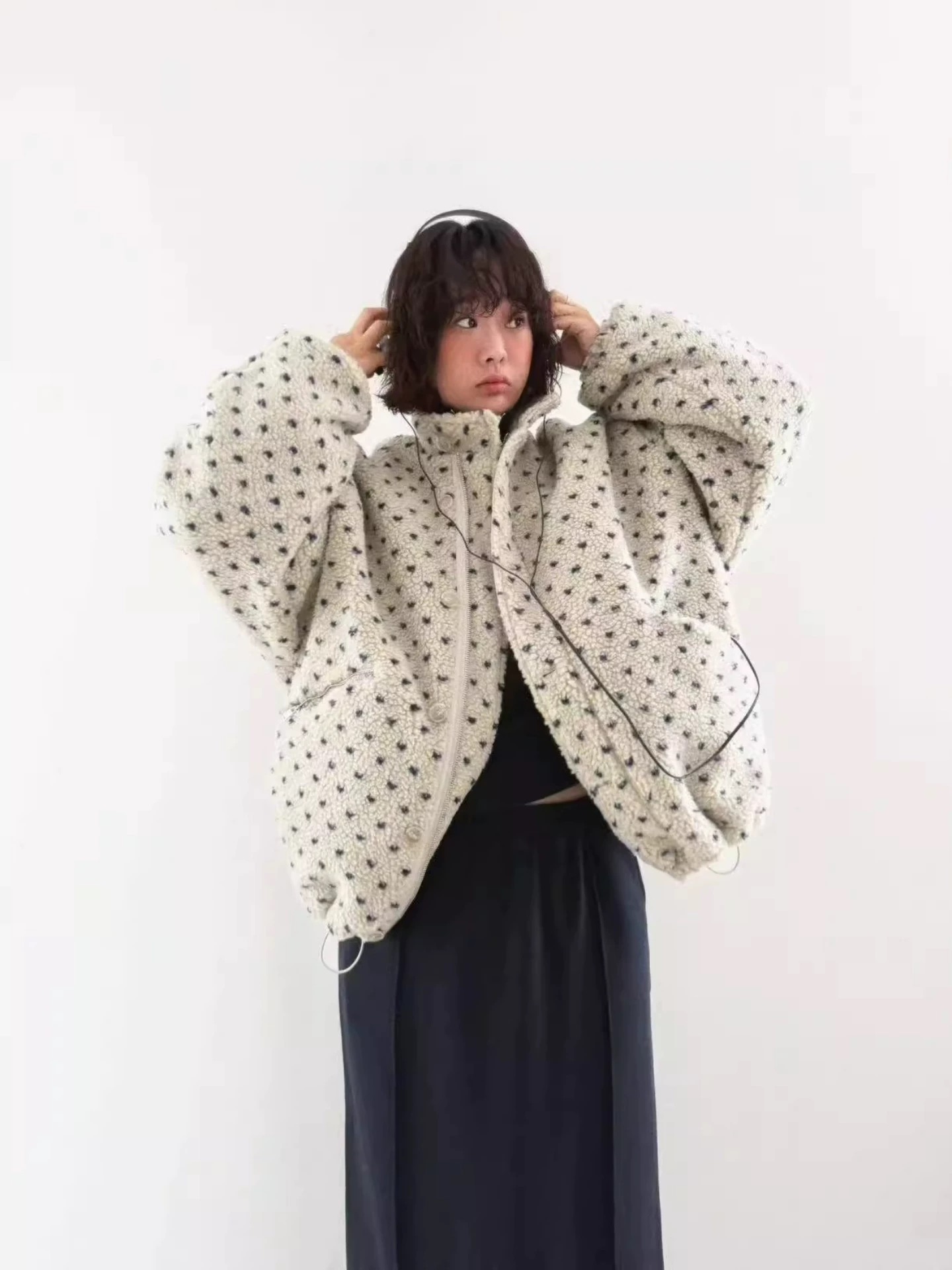 韩国oil seoul新款复古立领拉链爱心波点摇粒绒外套