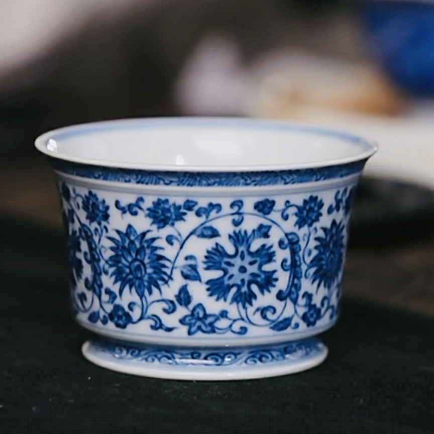 【黄老邪真选】望月怀古｜青花缠枝花卉带内绘马蹄杯茶杯陶瓷主人杯