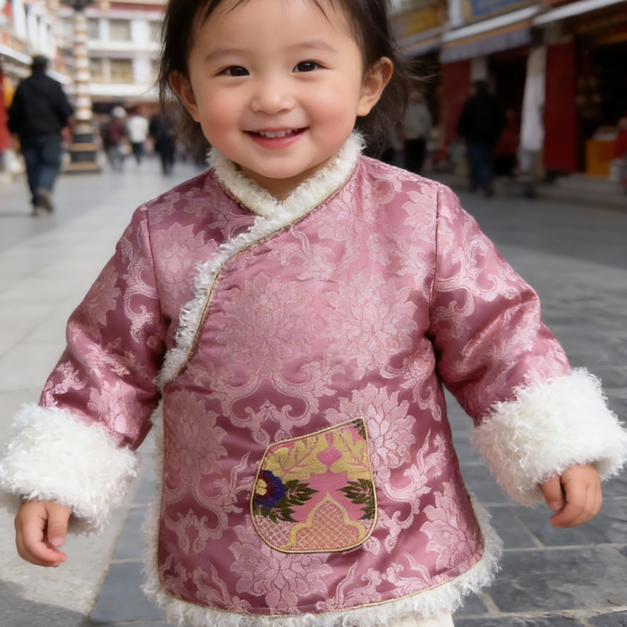 儿童男女V领口袋加厚缎面人造毛边藏式藏服上衣秋冬保暖