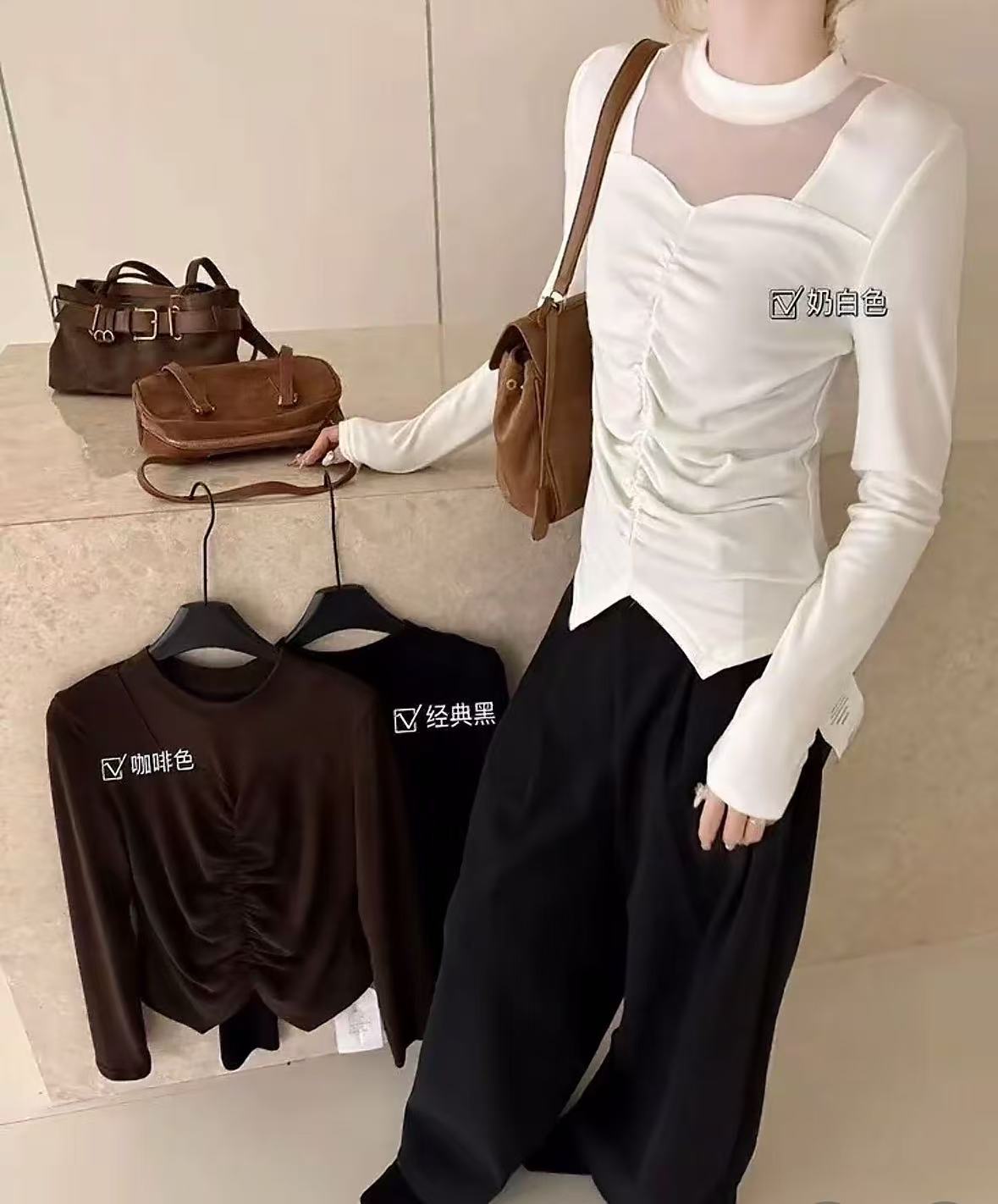 （可妮六周年)~秋冬内里磨毛褶皱立领网纱~韩系气质上衣#690