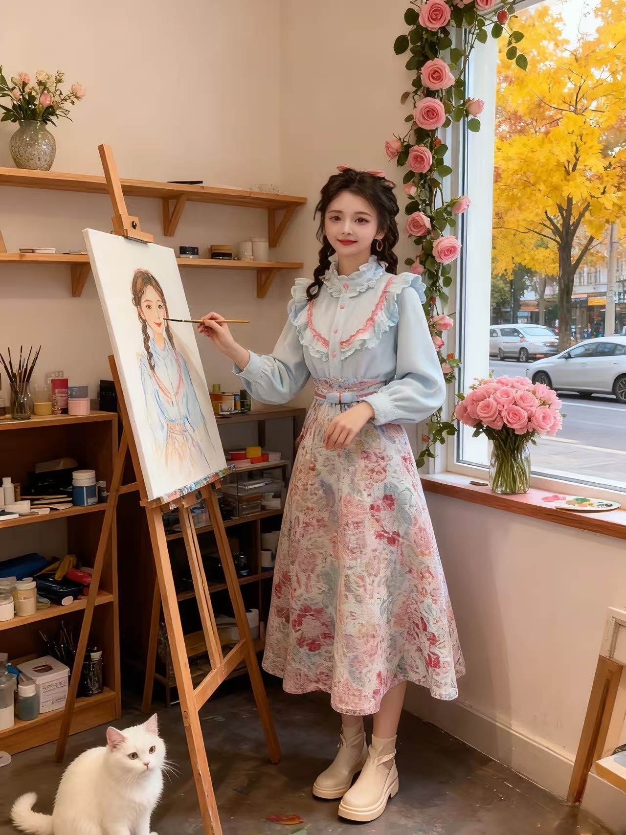 【运补6】】677-9#秋冬新款温柔气质加厚蓝色衬衫女高腰半身裙两件套