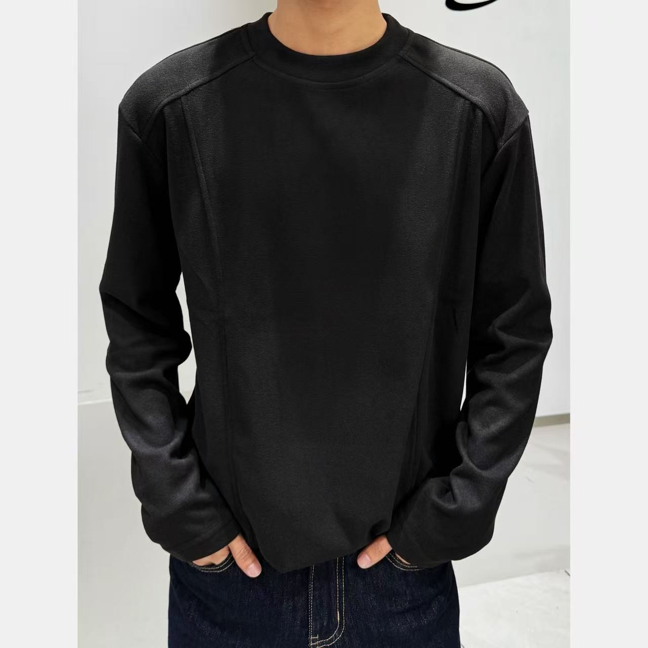 短款280克重磅结构双面德绒打底衫男时尚休闲圆领正肩长袖T恤上衣