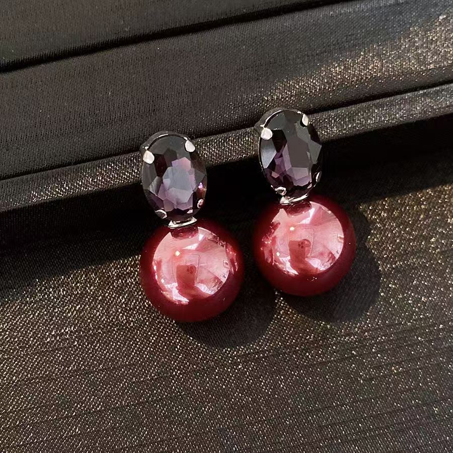 合金锆石耳饰 轻奢复古紫色锆石红色珠珠耳环