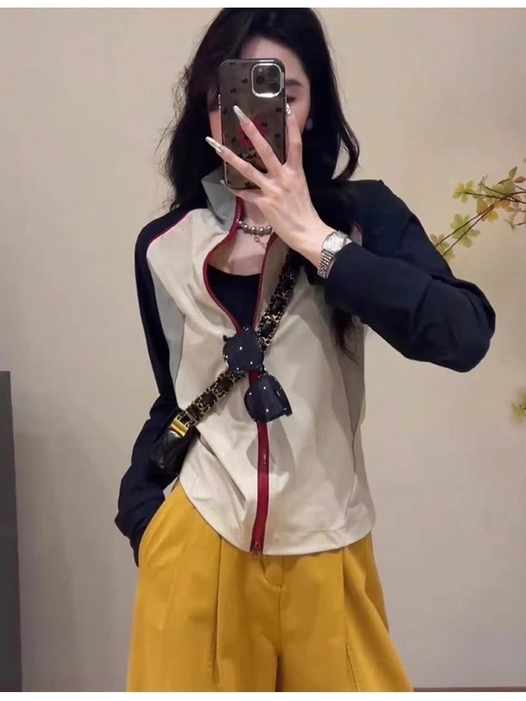 夏日轻薄百搭防晒衣美式复古撞色宽松冲锋衣外套显瘦设计感运动衣