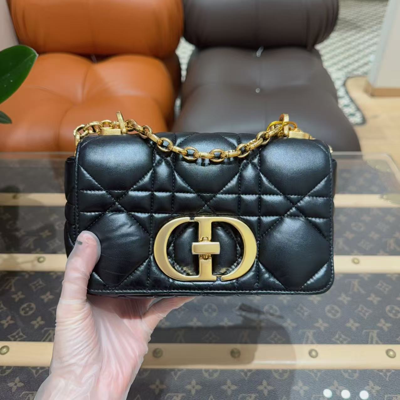 99新 DIOR/迪奥 Caro系列 黑色金扣藤格纹纯皮小号链条包 