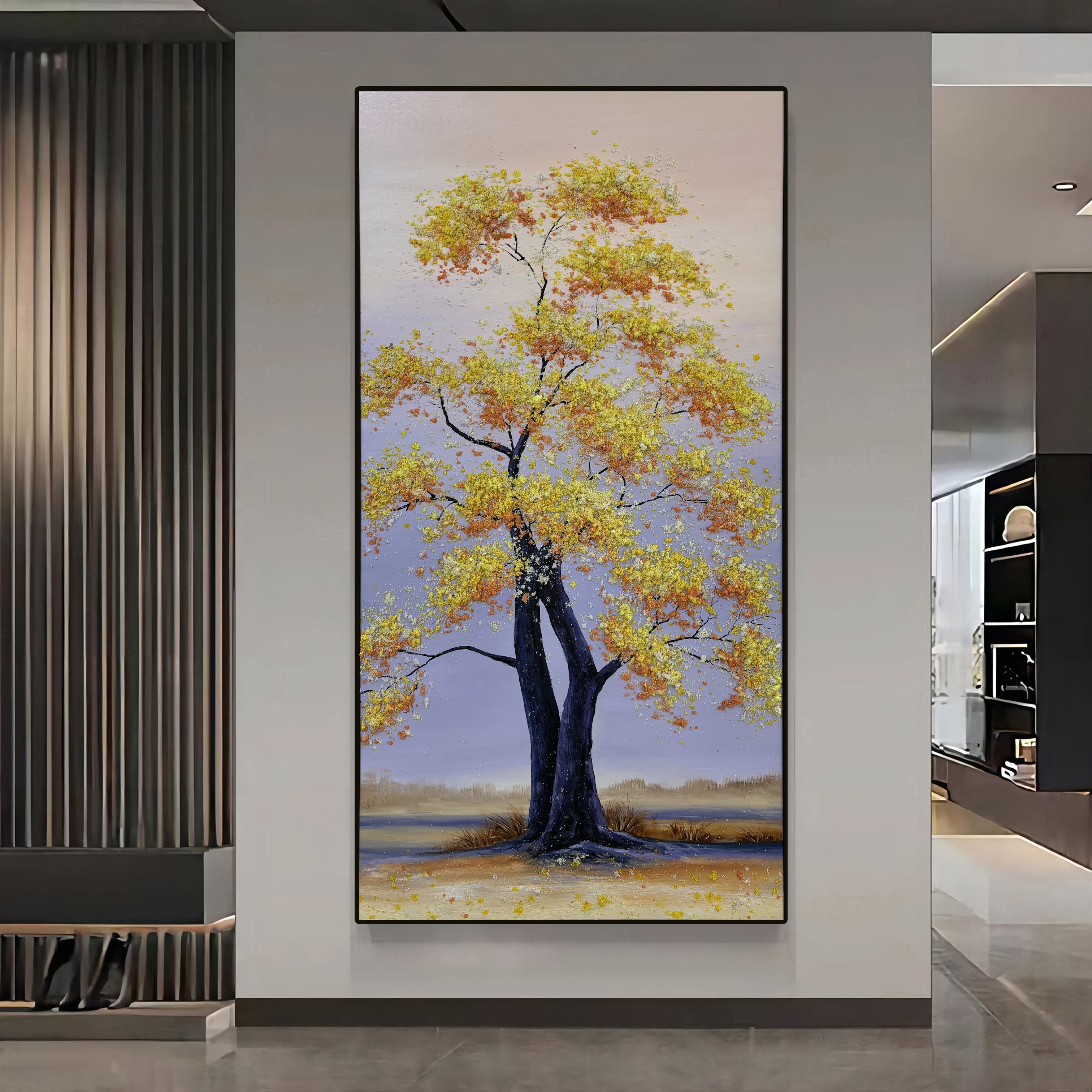 XG 51 现代轻奢发财树挂画手工油画入户玄关装饰画