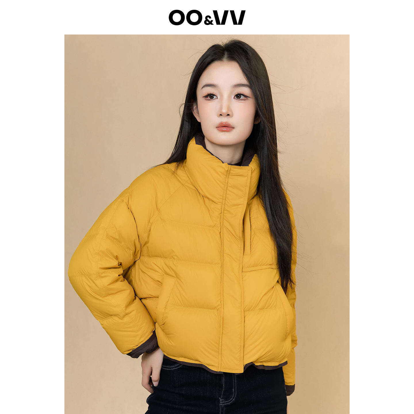 OO&VV立领短款羽绒服女25冬新款黄色面包服加厚保暖鸭绒短款外套