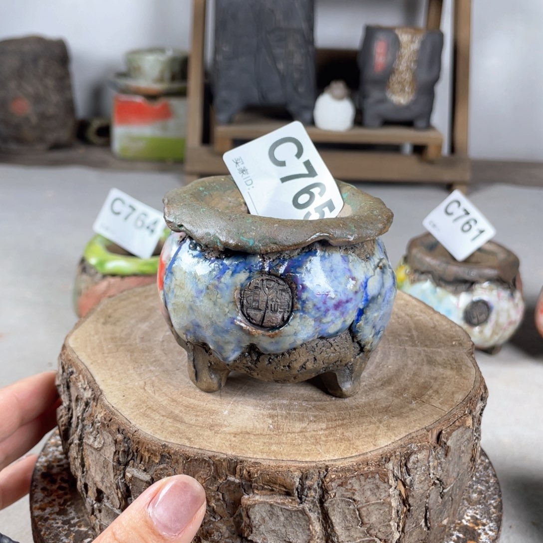 紫砂花盆孤品 不规则油画山石小地雷 内口4