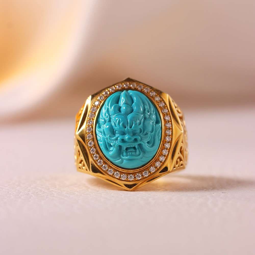 【松石大表姐】原矿绿松雕刻龙戒18K男戒镂空工艺小众珠宝