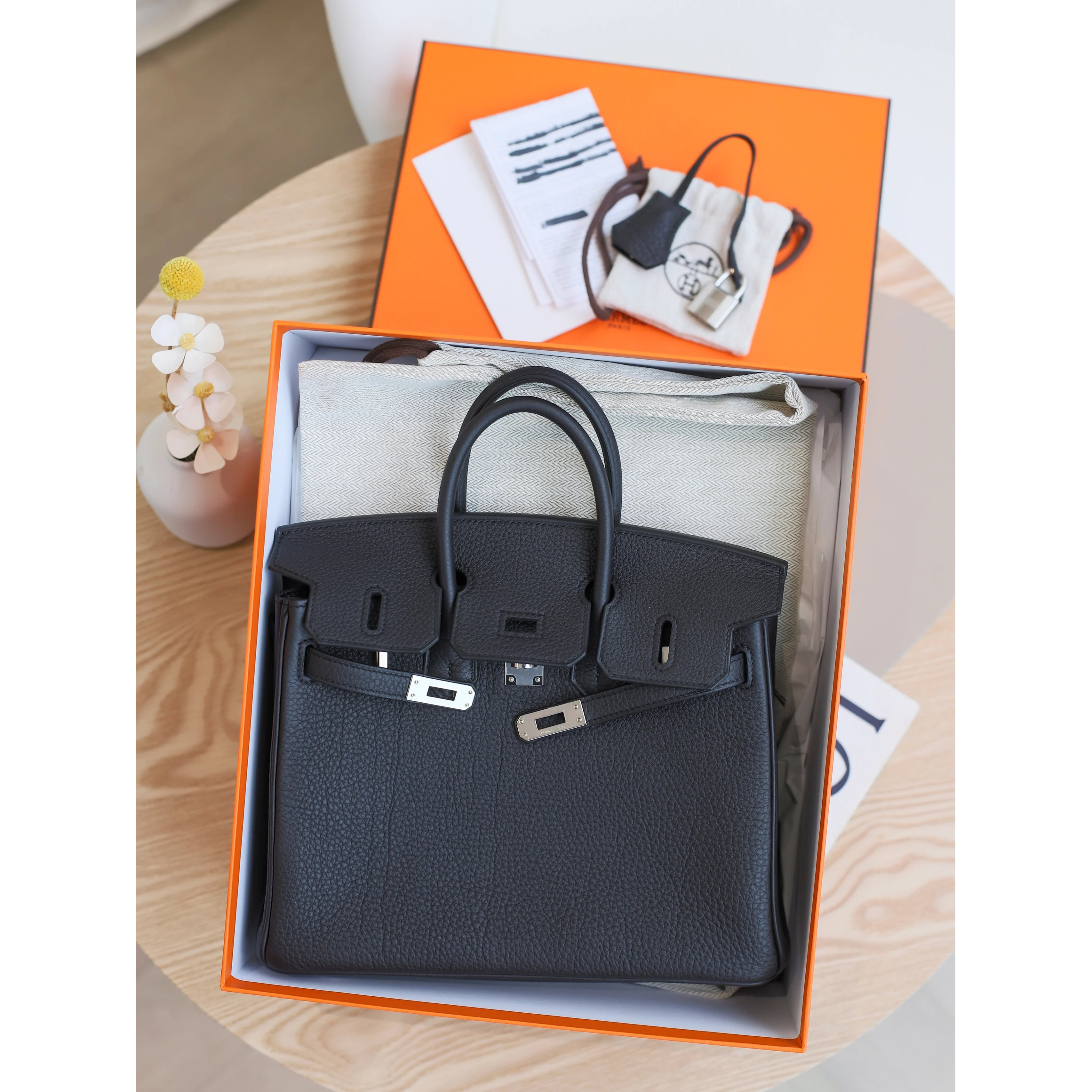 全新未使用 Hermes/爱马仕 Birkin25 W刻 TOGO皮黑色银扣女士铂金