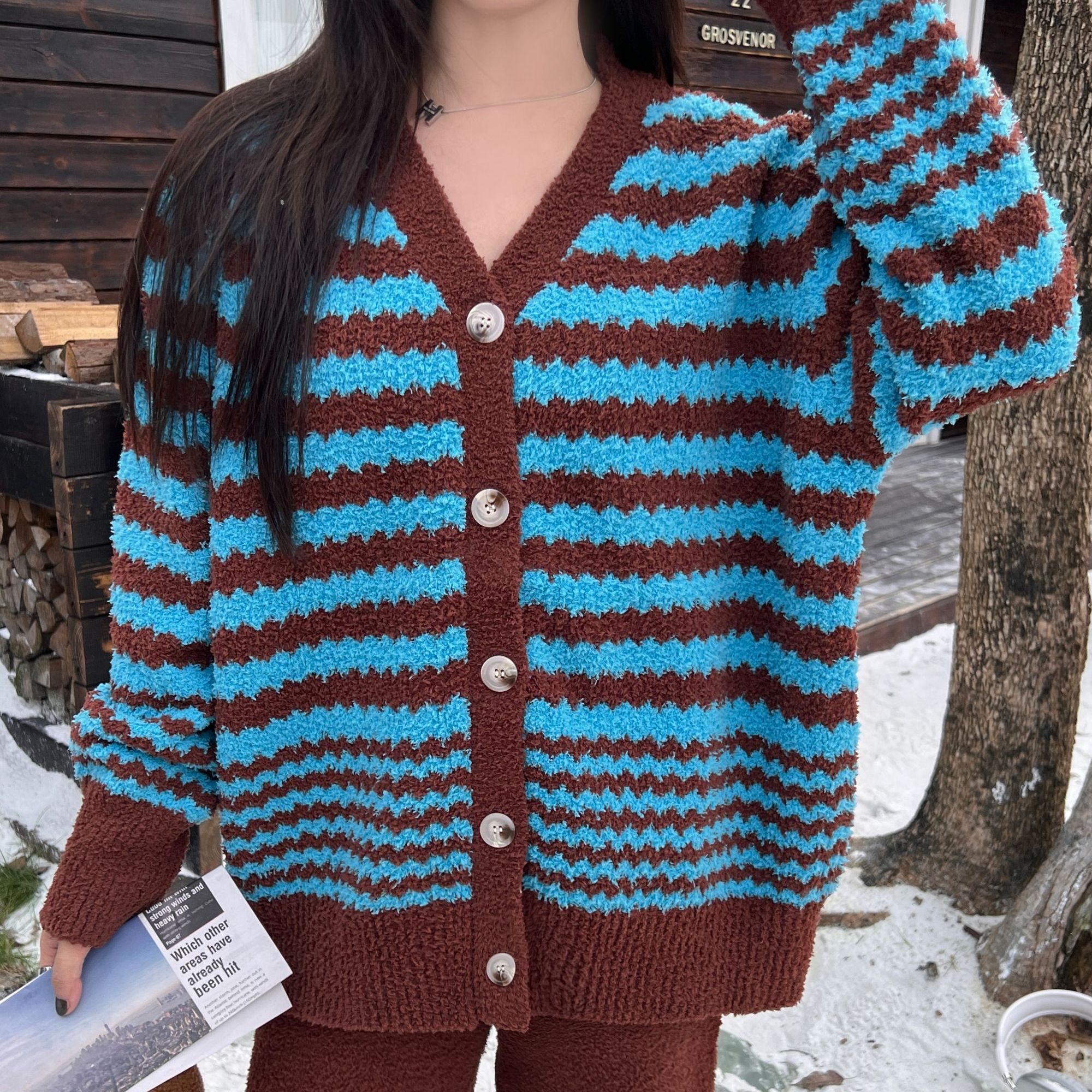 云朵鸟-经典条纹V领软绵宽松设计师可外穿开衫半边绒家居服套