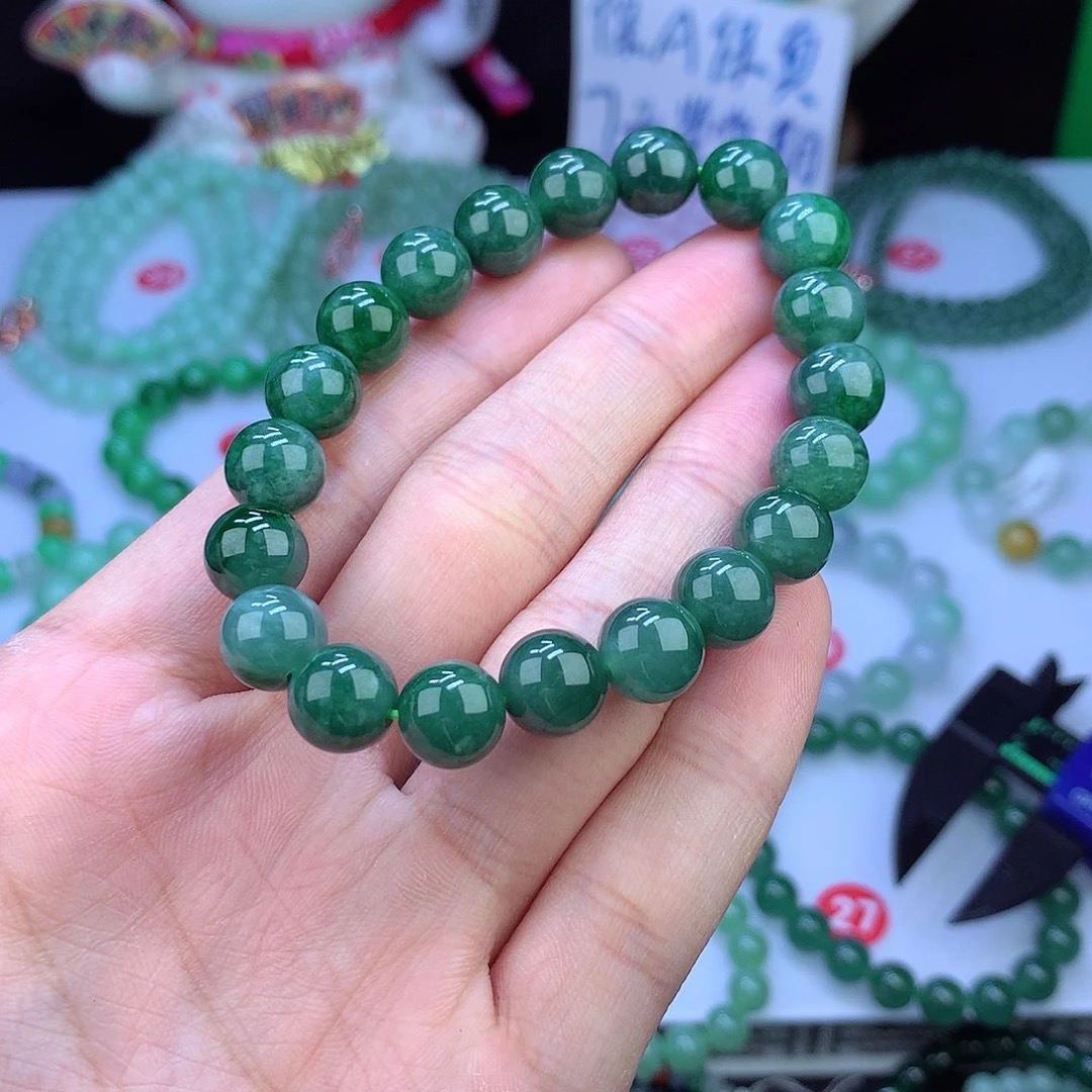 正品天然翡翠A货冰润蓝底飘绿翡翠手串9-10m