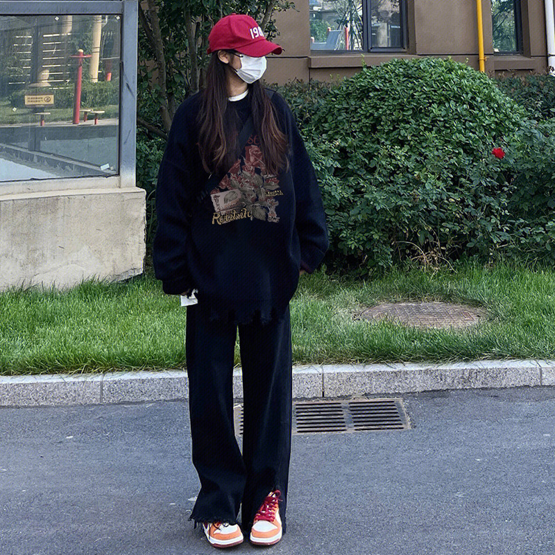 美式潮牌黑色连帽卫衣女春秋季加绒加厚韩系慵懒风小个子宽松上衣