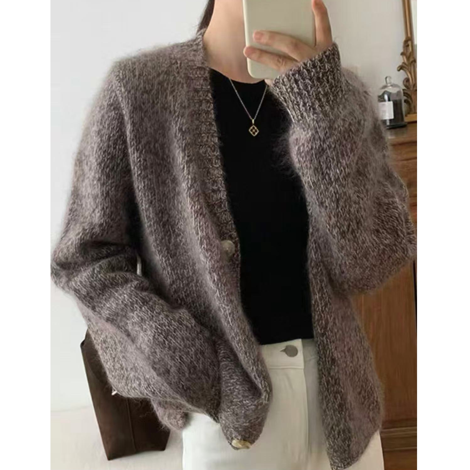 【卡布奇诺】慵懒风宽松厚款小个子3粒扣针织开衫女毛衣