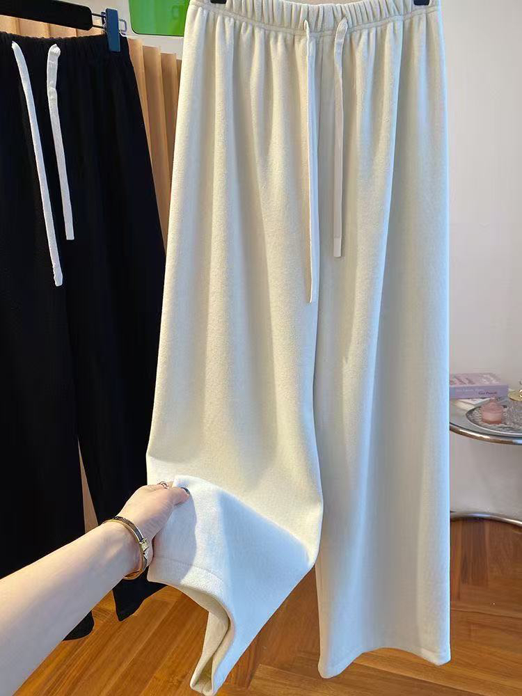 韩系米白色秋冬垂感糯米裤女新款宽松毛巾裤子阔腿裤简约