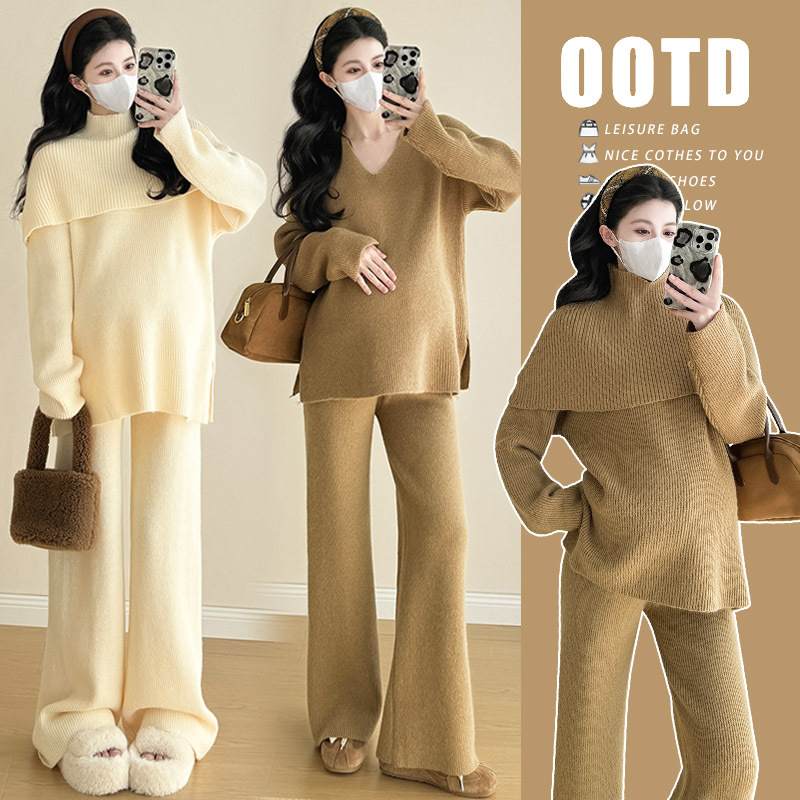 秋冬加厚保暖时尚洋气孕妈针织毛衣三件套