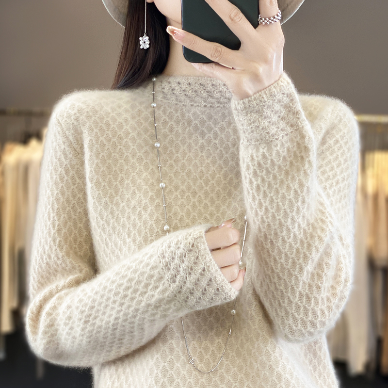 100纯羊毛衫女半高领套头加厚毛衣秋冬新款纯色宽松针织打底上衣