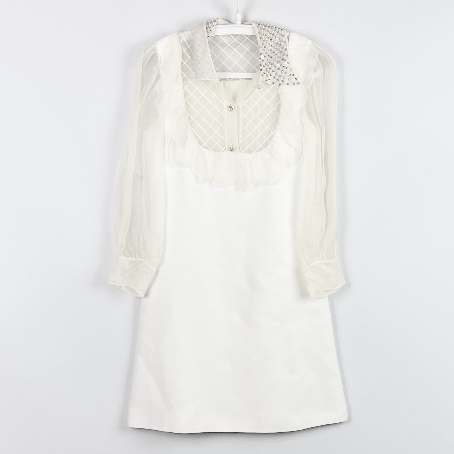 99新 MIU MIU/缪缪 38码 白色钻网纱袖连衣裙 99新 lm3279