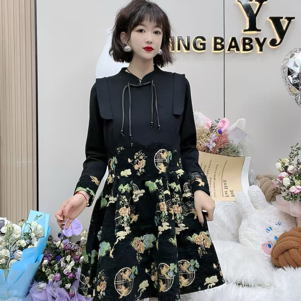 YY大码（盘扣流苏）复古提花拼接假两件收腰显瘦气质连衣裙