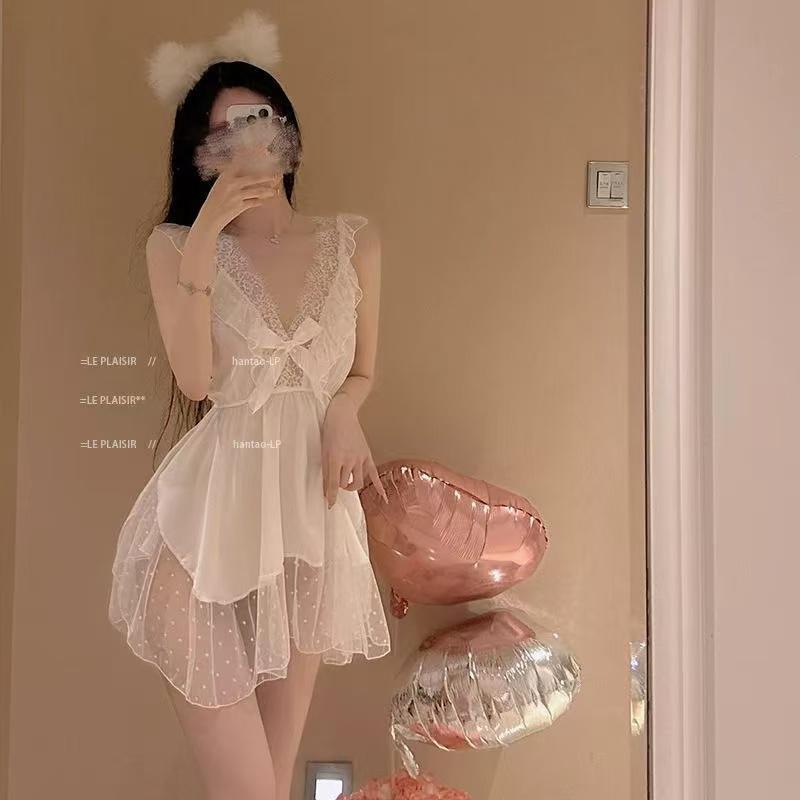 【霓醉魅甄选】如期邂逅！纯欲网纱蕾丝诱惑深V性感收腰显瘦睡裙