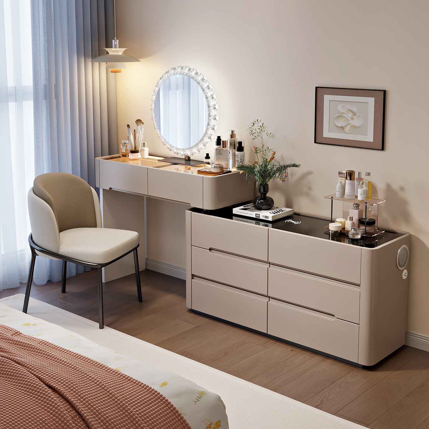 新款实木智能梳妆台家用卧室现代简约奶油风转角化妆桌斗柜一体