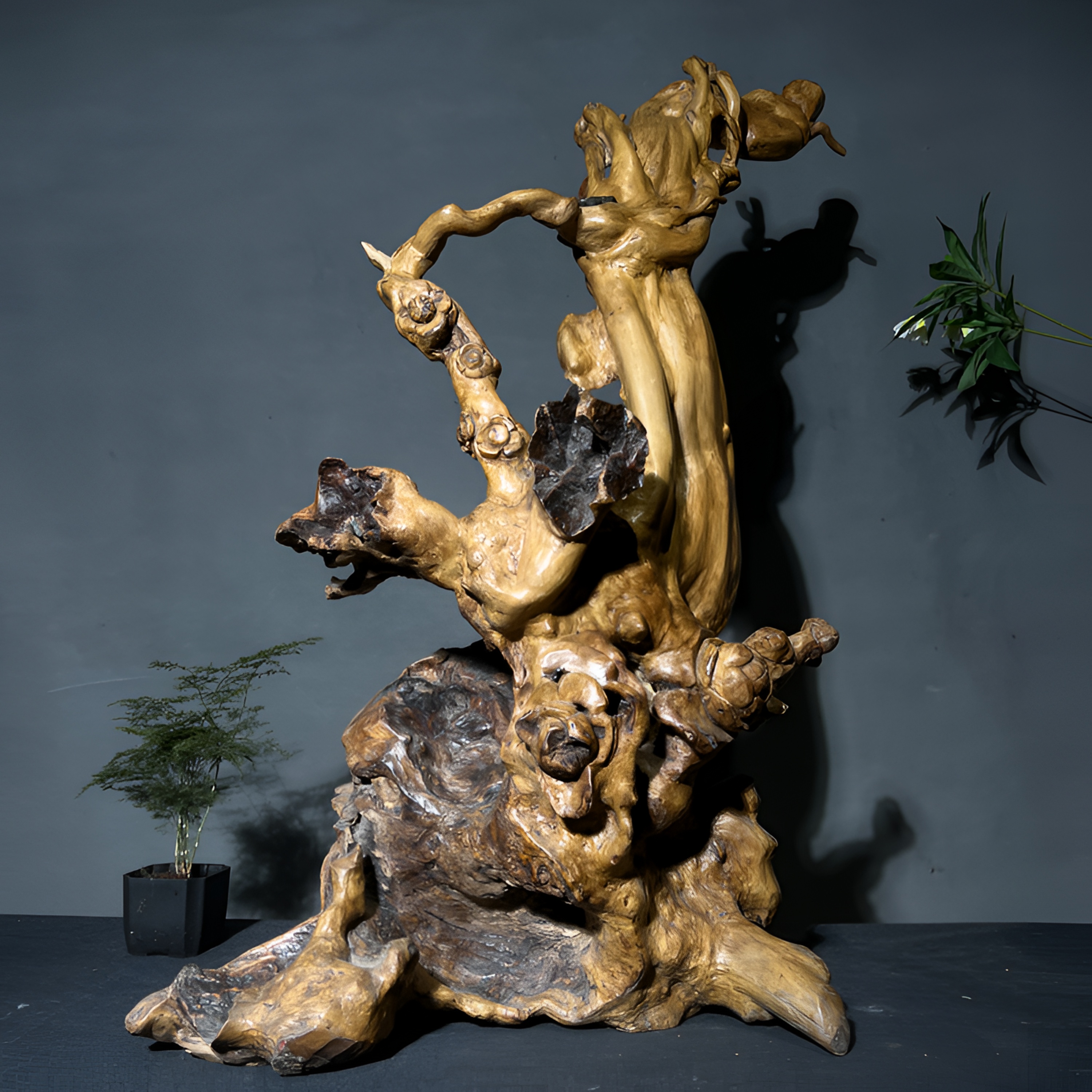 精选根材称杆木雕琢荷花莲叶古朴雅致清幽诗意中式禅意美学独特