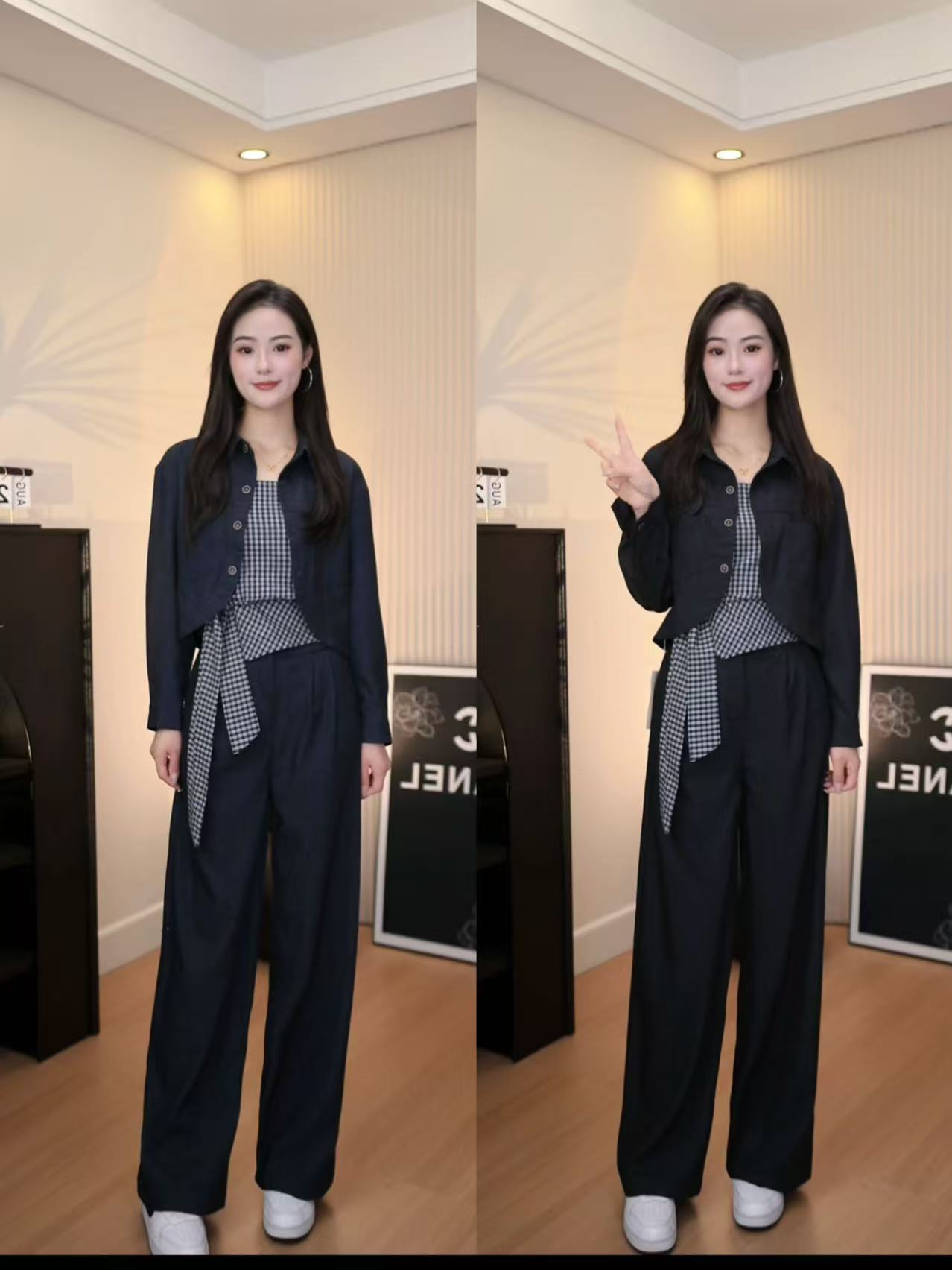 中国风性感风时尚套装早秋长袖秋季气质洋气衬衫时尚格子设计师52