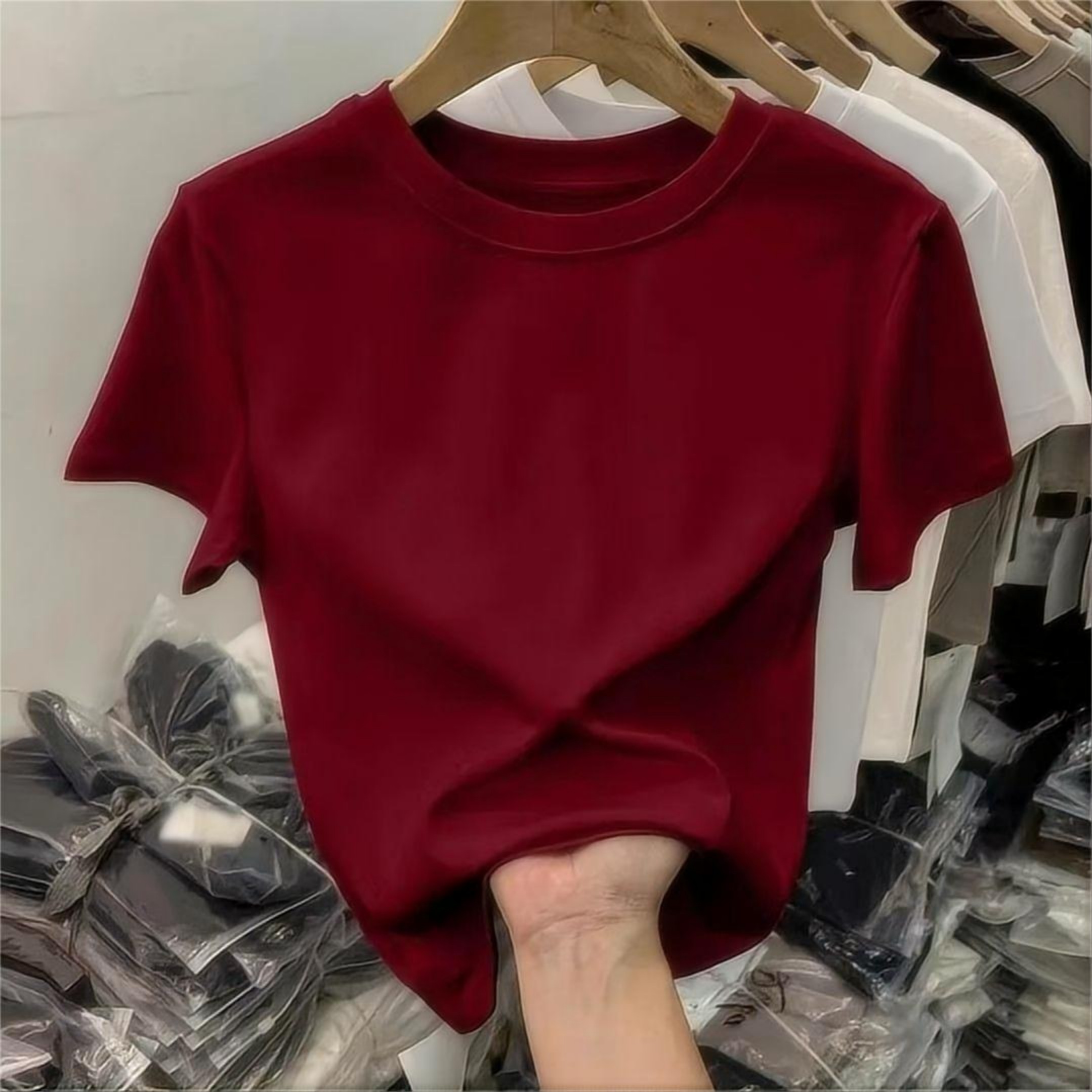 纯色正肩短袖T恤女夏装休闲百搭上衣圆领ins内搭印花修身上衣半袖