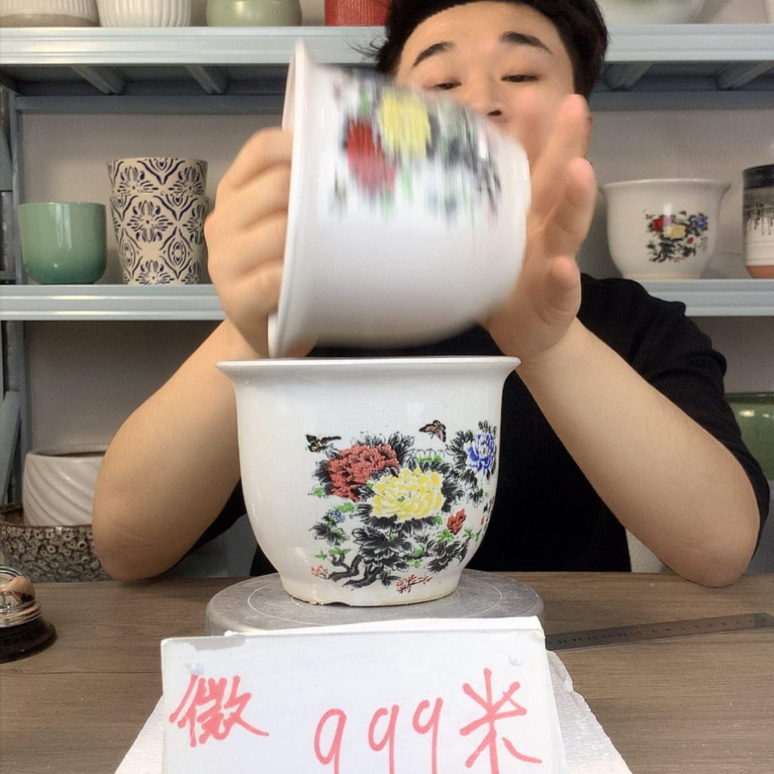 红陶微瑕/牡丹花图案13x11两个花盆（没有托盘没有过滤网）