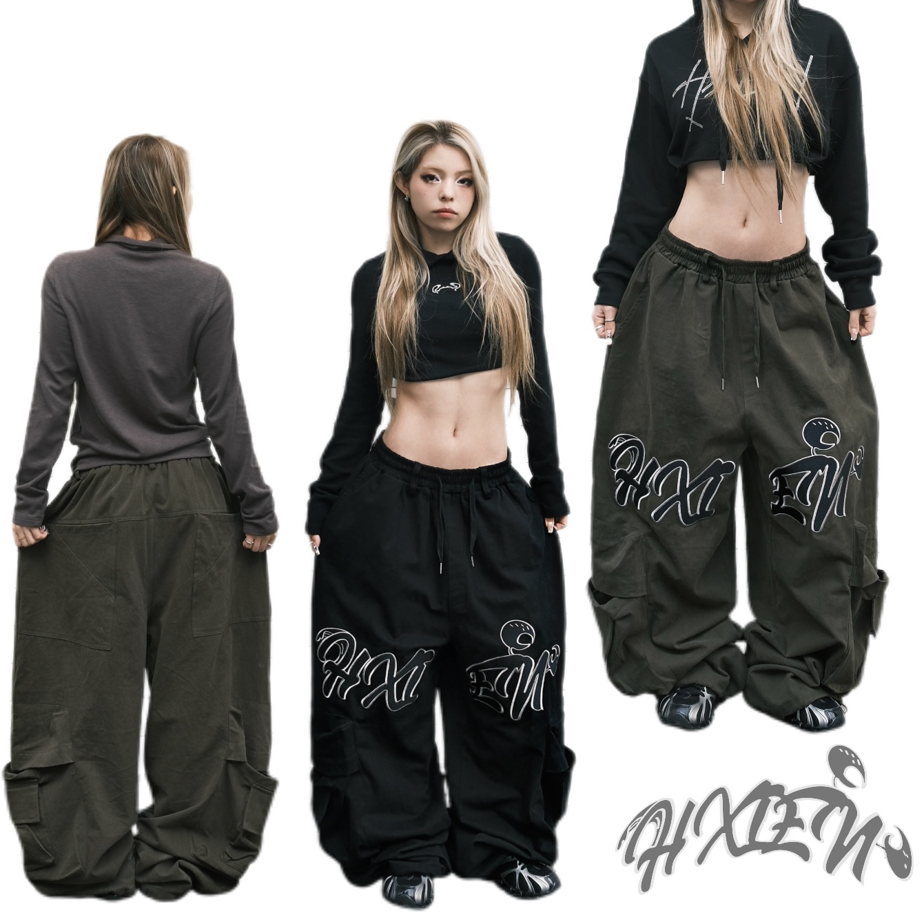 HXIEN原创美式大图案刺绣工装裤爵士多口袋抽绳阔腿裤高街长裤