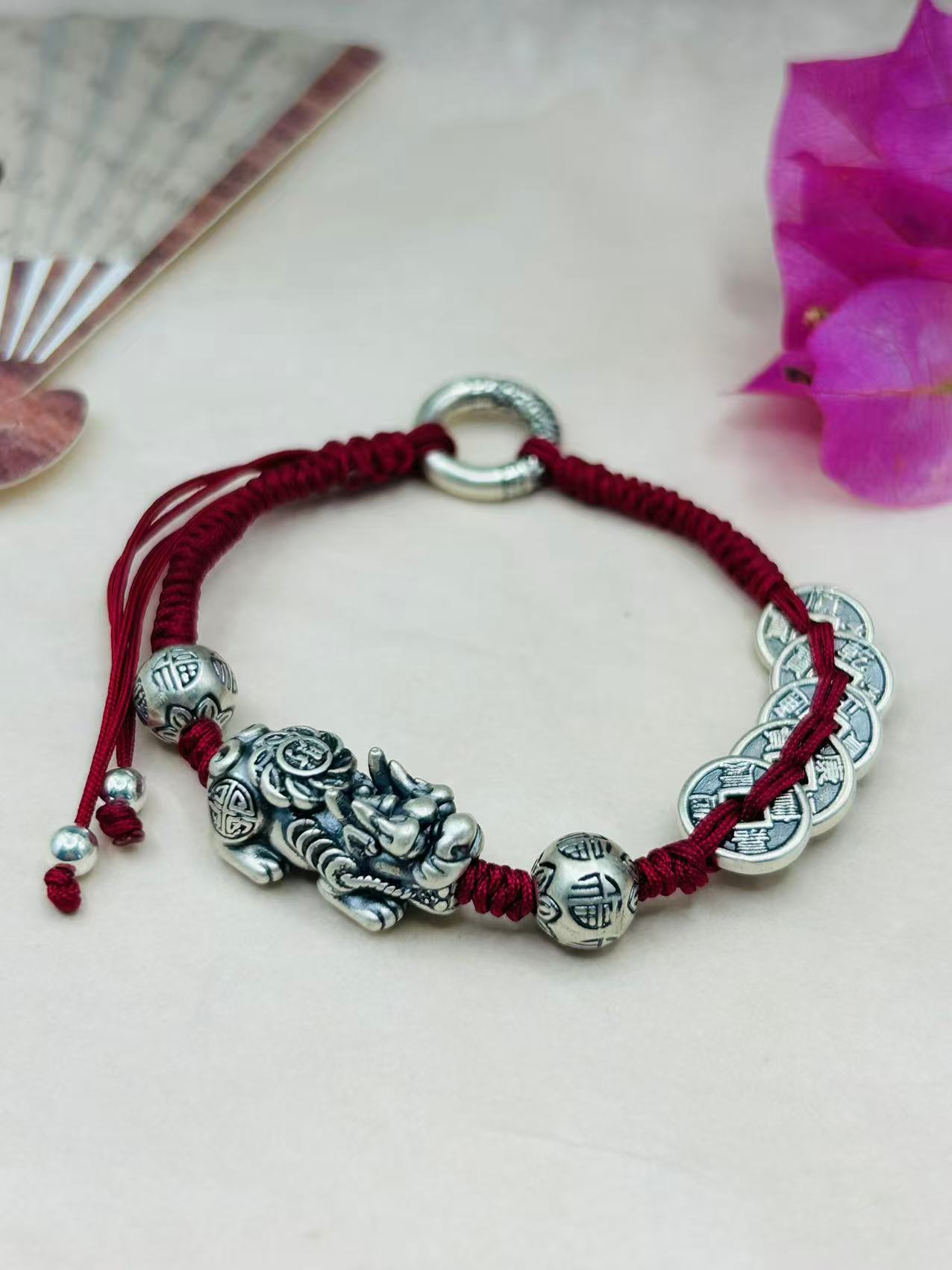 足银布艺手链 足银999旋风财貔貅五帝钱平安手链编织时尚