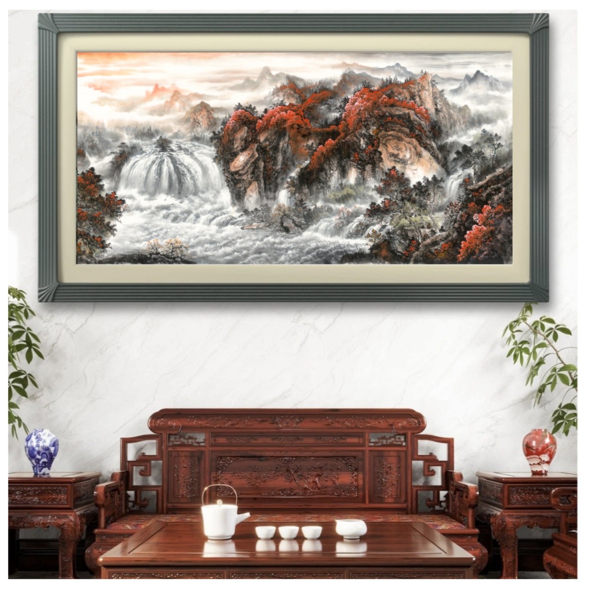 《苍茫秋山飞瀑雄》敦煌画派井灏先生作品