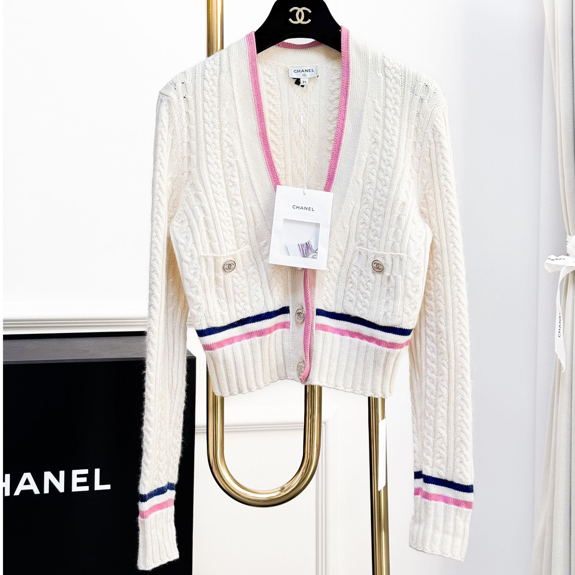 99新 Chanel/香奈儿 34码23P白色学院风粉蓝条纹短款针织开衫