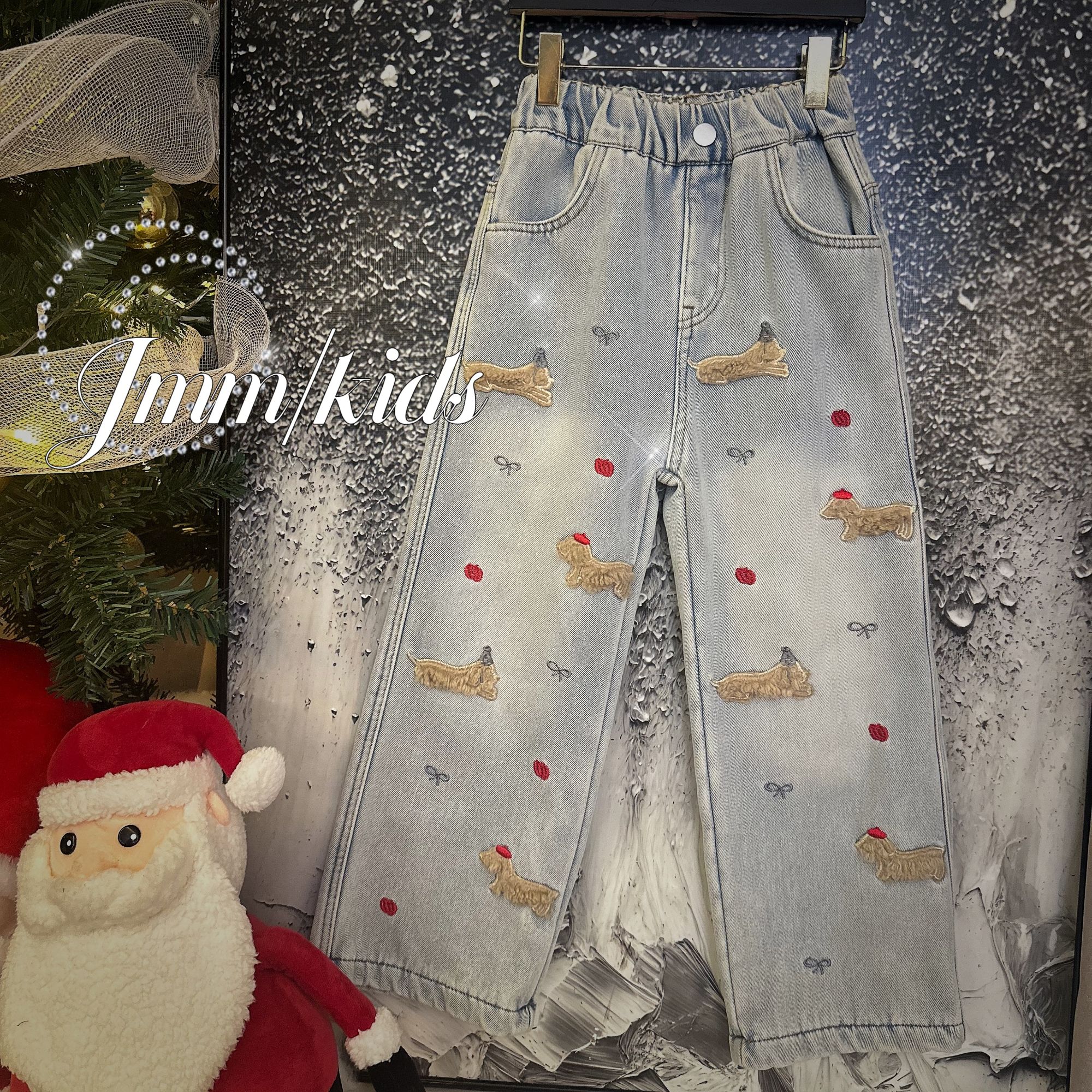 女童加绒牛仔裤冬季加厚保暖宽松阔腿裤 单品-裤小狗C082