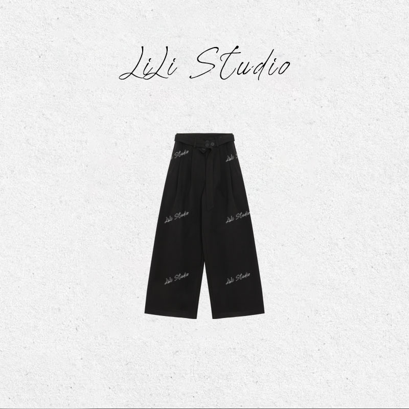 丨不理理「慵懒漫游」黑色系带高腰阔腿休闲裤
