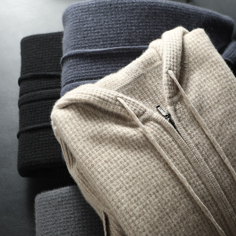 软糯细腻100%纯山羊绒开衫男帽衫拉链加厚毛衣连帽针织衫休闲外套