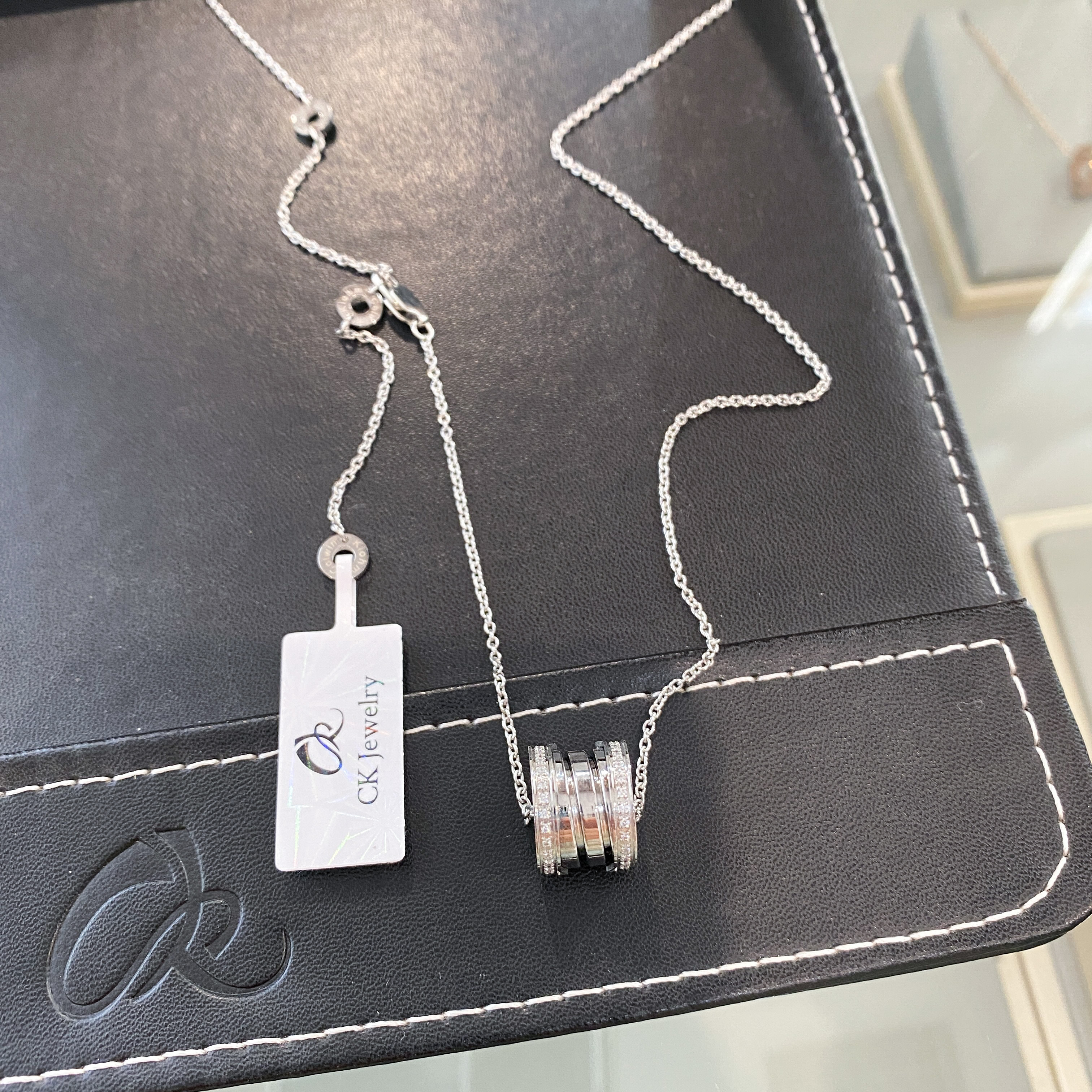 钛钢合成锆石项链 银色双排钻弹簧小蛮腰项链N1448