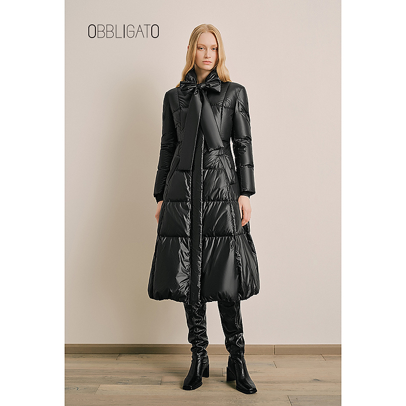 奥丽嘉朵【星线好物】1C34308520秋冬蝴蝶结飘带收腰羽绒服