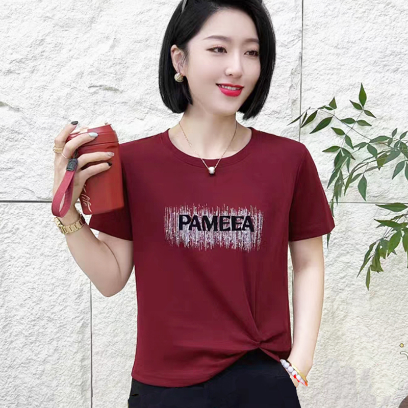 不规则下摆字母烫钻短袖t恤女2025流行小衫夏装扭结打底衫上衣潮