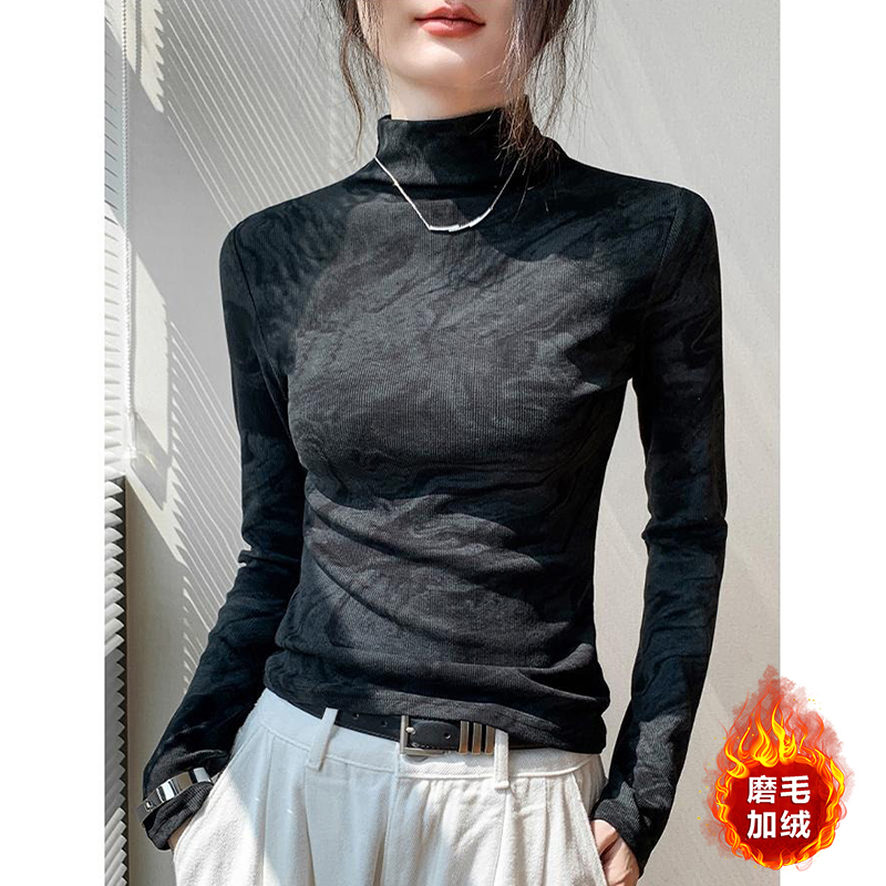 半高领扎染磨毛保暖打底衫女秋冬季百搭大码修身显瘦正肩长袖T恤