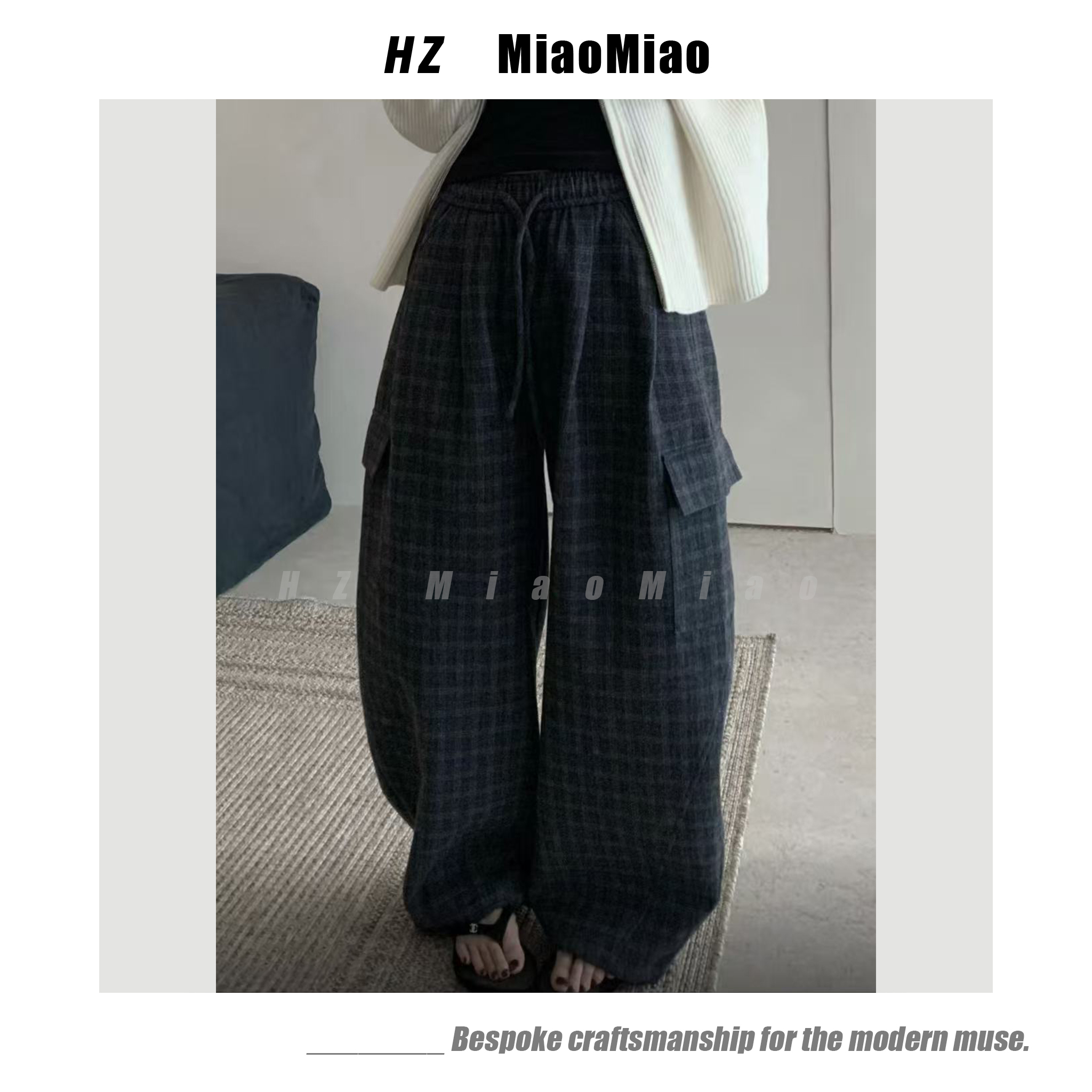 HZMM   [格格裤]   高腰显瘦宽松休闲格子工装女裤
