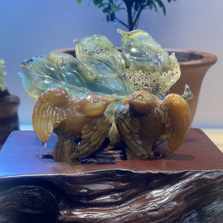 岫玉花玉喜进家门摆件手工立体精雕茶宠桌摆创意DIY乔迁新人结婚