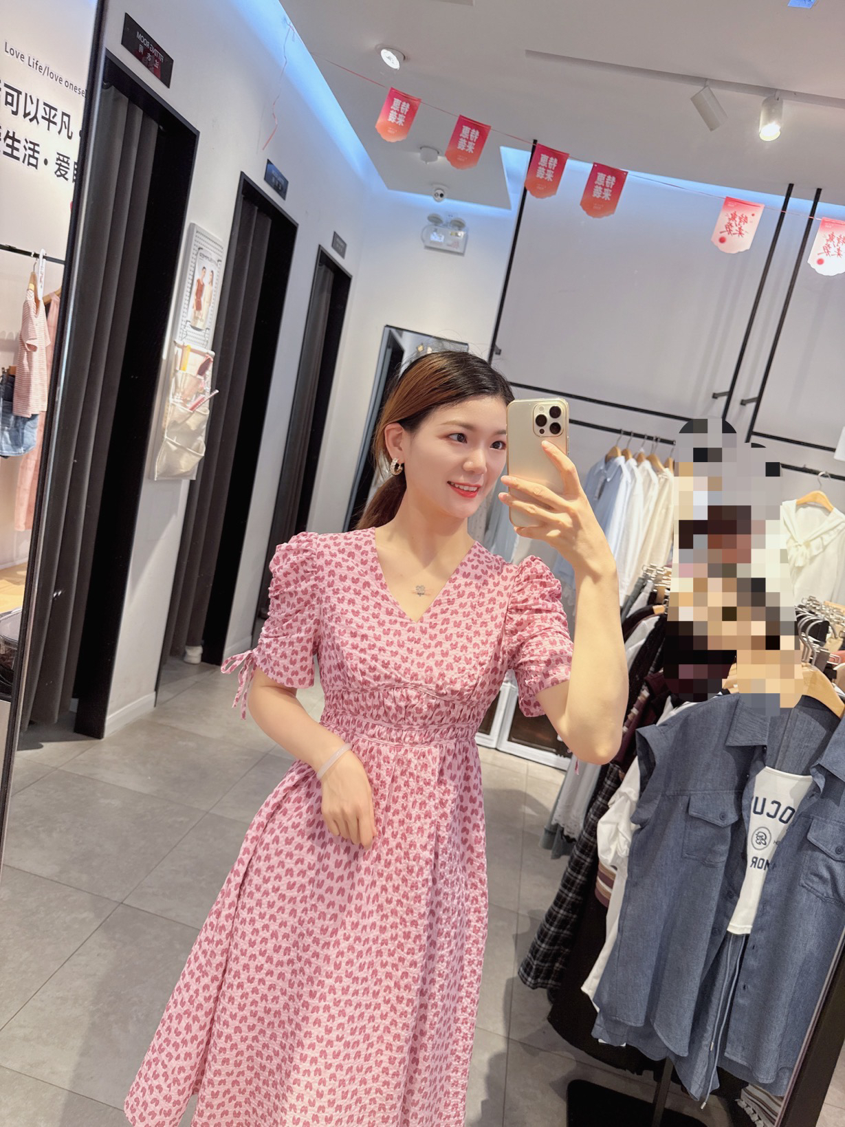 法式桔梗初恋粉色碎花长裙泡泡袖设计夏季仙女风连衣裙