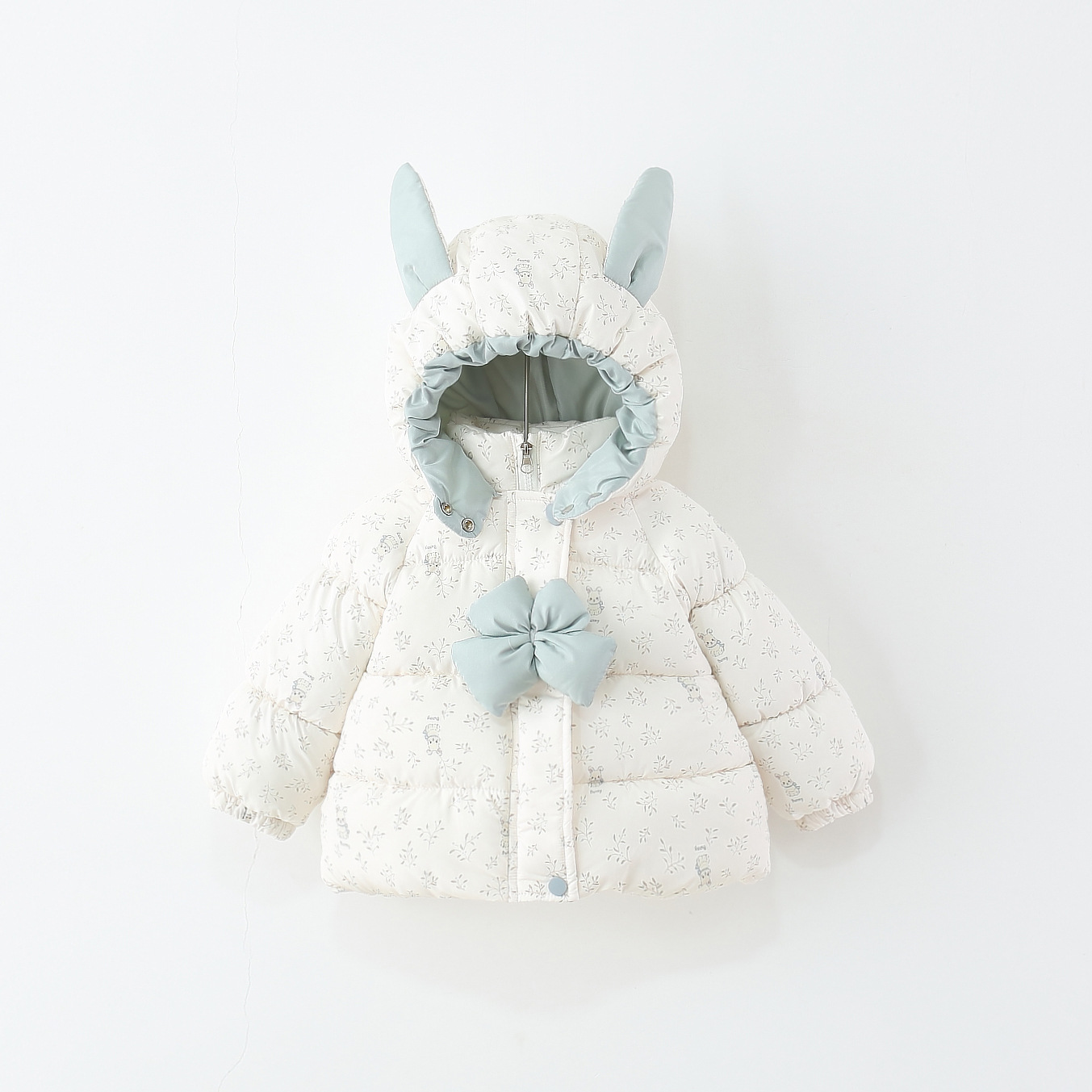 童装女童棉服冬季加厚加绒儿童宝宝中长款碎花兔耳朵连帽棉衣外套