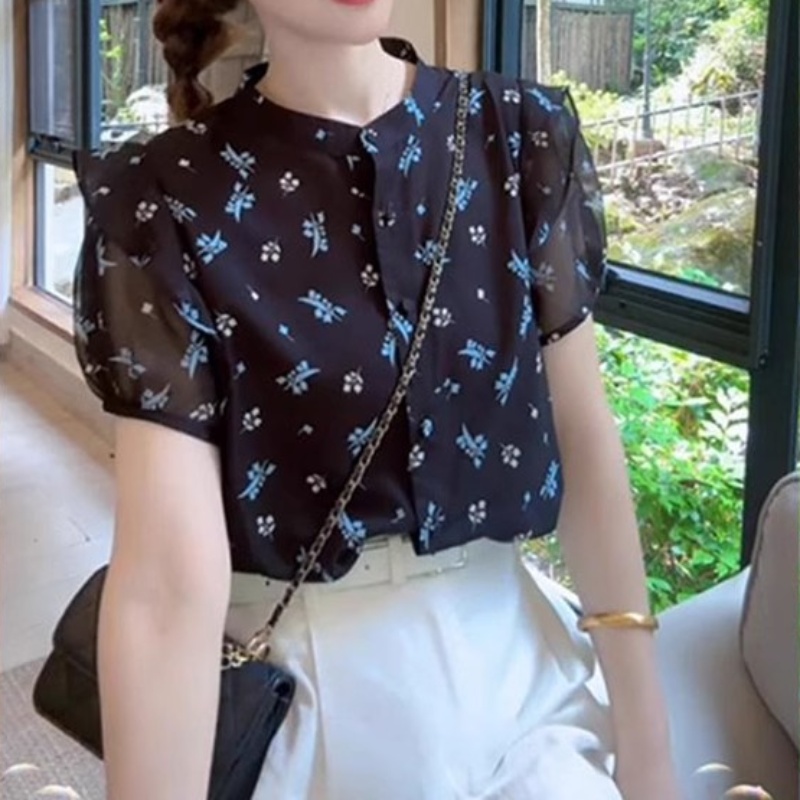2025夏季新款小清新碎花洋气印花衬衫女宽松显瘦荷叶短袖衬衣小衫